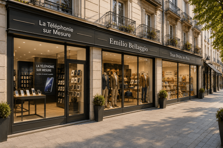 Rue commerçante avec les boutiques La Téléphonie sur Mesure, Emilio Bellagio et Tout Petits les Prix