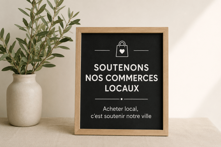Affiche sobre encourageant les habitants à soutenir les commerces locaux et à privilégier les achats de proximité à Ivry-sur-Seine.
