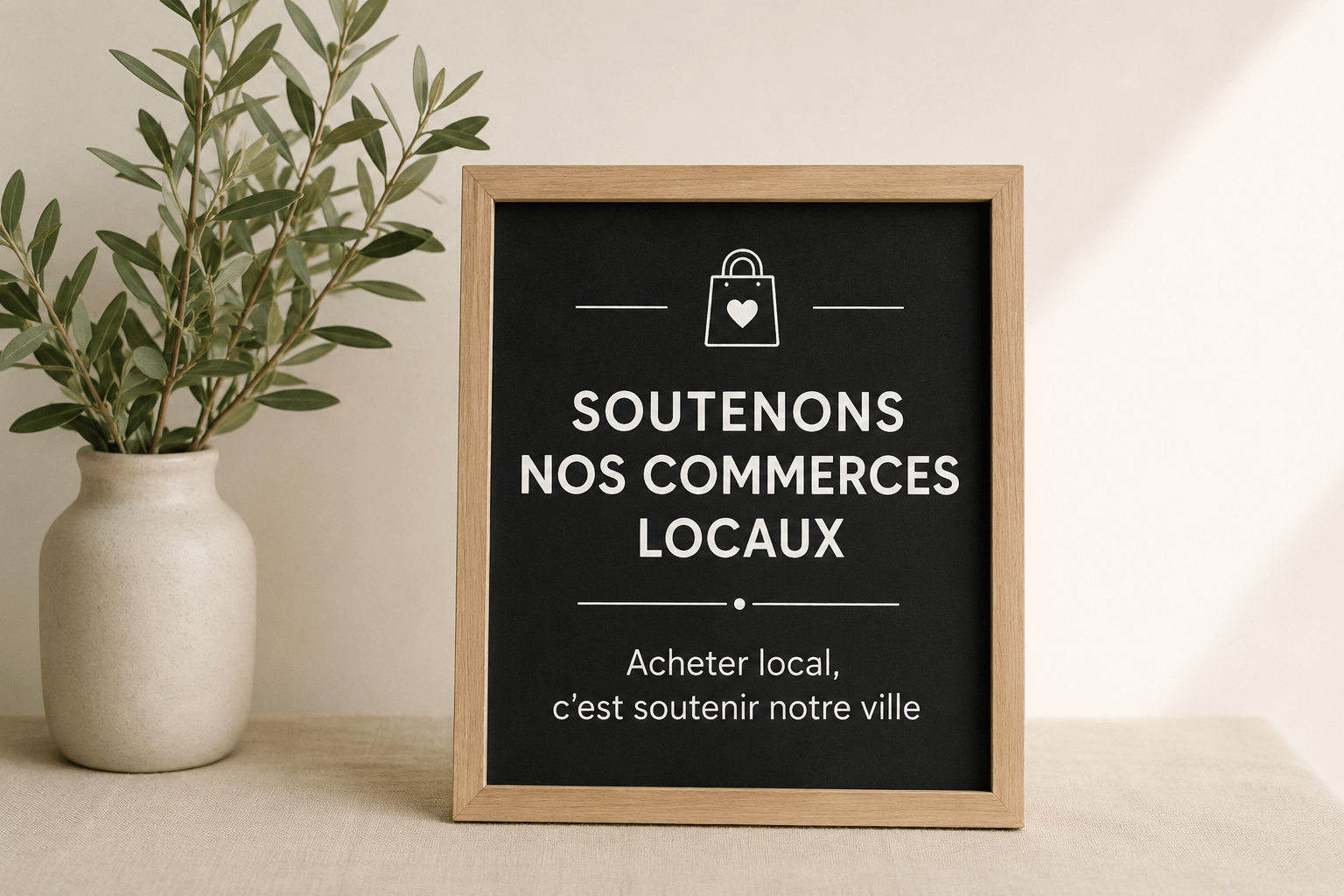 Affiche sobre encourageant les habitants à soutenir les commerces locaux et à privilégier les achats de proximité à Ivry-sur-Seine.