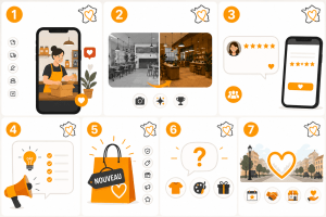 Infographie illustrant les 7 conseils de l'association MES MAGASINS pour améliorer la communication des commerces de proximité sur les réseaux sociaux.