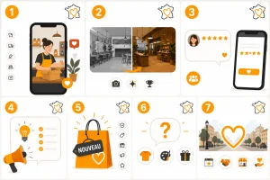 Infographie illustrant les 7 conseils de l'association MES MAGASINS pour améliorer la communication des commerces de proximité sur les réseaux sociaux.