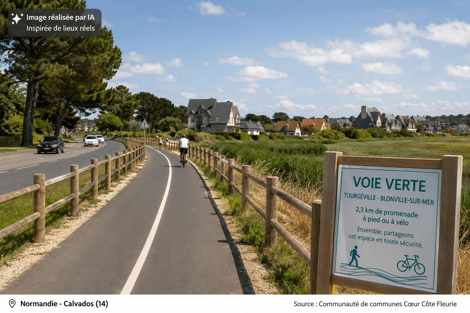 Voie verte reliant Tourgéville à Blonville-sur-Mer dans le Calvados, aménagée pour les piétons et les cyclistes le long de la Côte Fleurie. Image réalisée par IA, inspirée de lieux réels.