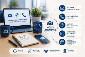 Illustration représentant les différents moyens de contacter PEI Formation pour obtenir un accompagnement personnalisé, des conseils et un devis en formation professionnelle.