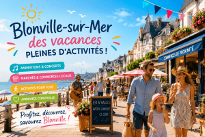 Famille profitant des animations estivales à Blonville-sur-Mer entre plage, commerces de proximité, concerts et terrasses ensoleillées.