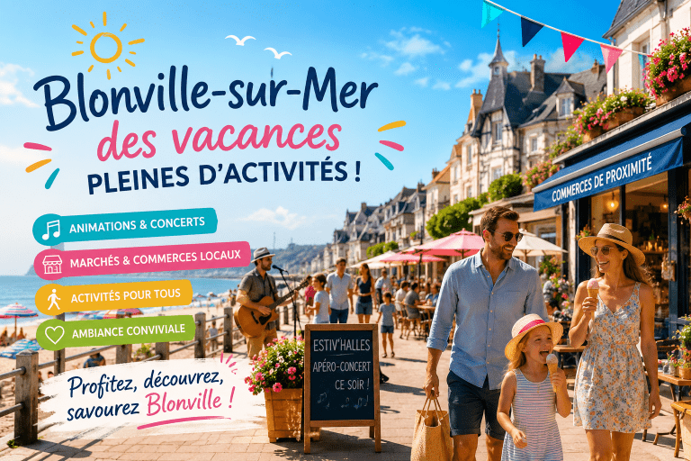 Famille profitant des animations estivales à Blonville-sur-Mer entre plage, commerces de proximité, concerts et terrasses ensoleillées.