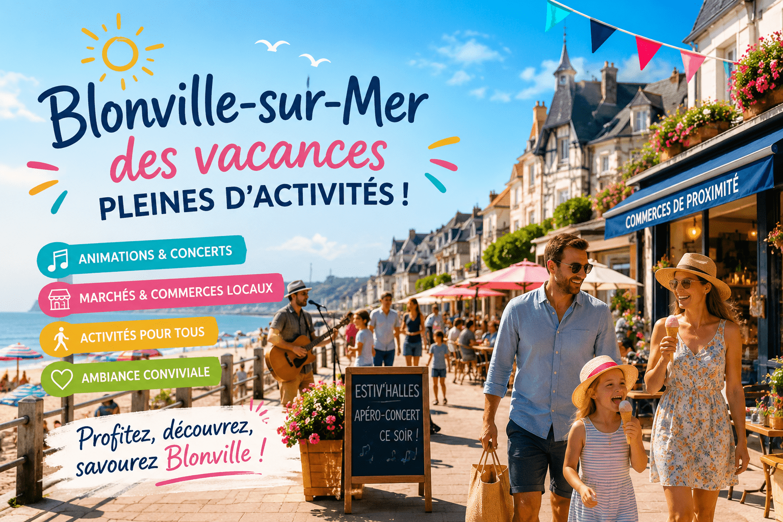 Famille profitant des animations estivales à Blonville-sur-Mer entre plage, commerces de proximité, concerts et terrasses ensoleillées.