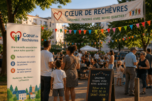 Habitants réunis lors d'une fête de quartier organisée par l'association Cœur de Rechèvres à Chartres afin de renforcer le lien social et favoriser les rencontres entre voisins.