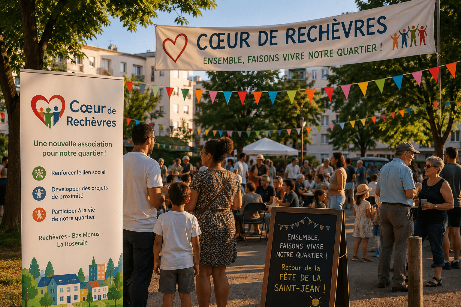 Habitants réunis lors d'une fête de quartier organisée par l'association Cœur de Rechèvres à Chartres afin de renforcer le lien social et favoriser les rencontres entre voisins.