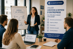 Des porteurs de projet participent à un atelier de création et de reprise d'entreprise animé par la CCI Hauts-de-France à Beauvais afin de préparer le lancement de leur activité.