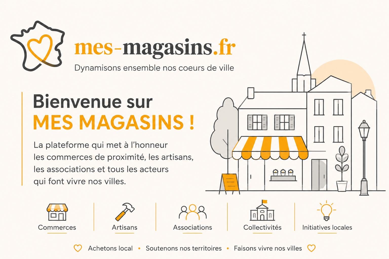 Illustration de bienvenue de la plateforme MES MAGASINS mettant à l'honneur les commerces de proximité, les artisans, les associations et les acteurs locaux autour d'un cœur de ville.