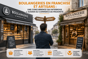llustration comparant une boulangerie en franchise et une boulangerie artisanale afin d'illustrer les enjeux de la concurrence et l'avenir du commerce de proximité en France.