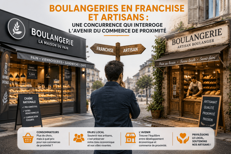 llustration comparant une boulangerie en franchise et une boulangerie artisanale afin d'illustrer les enjeux de la concurrence et l'avenir du commerce de proximité en France.