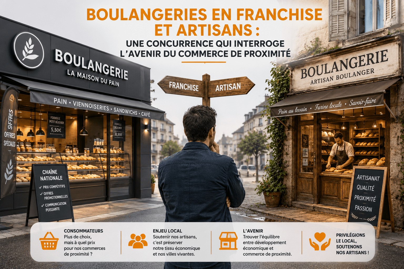 llustration comparant une boulangerie en franchise et une boulangerie artisanale afin d'illustrer les enjeux de la concurrence et l'avenir du commerce de proximité en France.