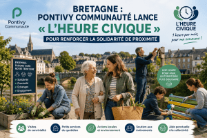 Des habitants participent à des actions solidaires dans le cadre de L'Heure Civique lancée par Pontivy Communauté en Bretagne pour renforcer la solidarité de proximité