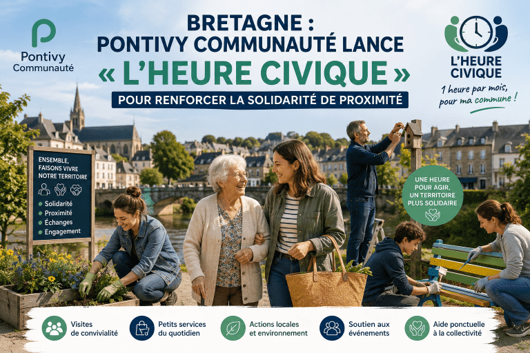 Des habitants participent à des actions solidaires dans le cadre de L'Heure Civique lancée par Pontivy Communauté en Bretagne pour renforcer la solidarité de proximité