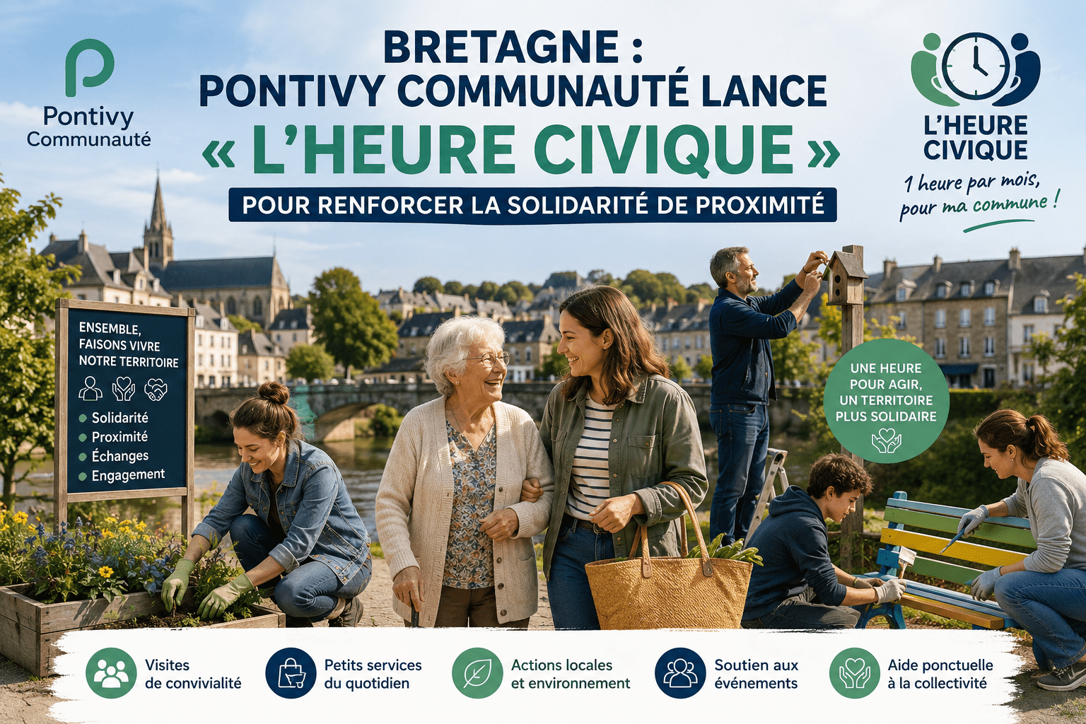 Des habitants participent à des actions solidaires dans le cadre de L'Heure Civique lancée par Pontivy Communauté en Bretagne pour renforcer la solidarité de proximité