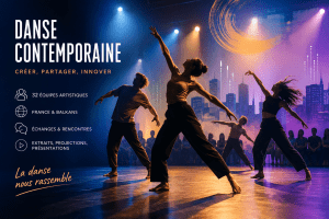 Illustration originale représentant des danseurs contemporains lors d'un événement culturel à Vitry-sur-Seine, mettant en valeur la création chorégraphique et le dynamisme culturel local.
