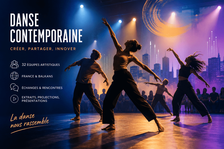 Illustration originale représentant des danseurs contemporains lors d'un événement culturel à Vitry-sur-Seine, mettant en valeur la création chorégraphique et le dynamisme culturel local.