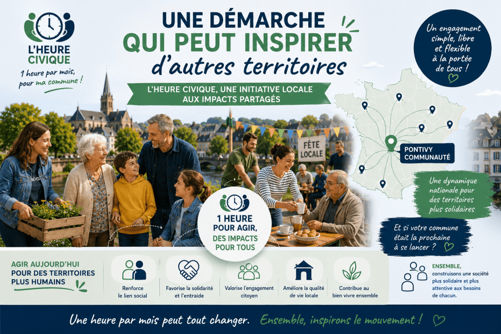 Illustration de L'Heure Civique montrant comment l'initiative de Pontivy Communauté peut inspirer d'autres territoires à développer la solidarité, l'engagement citoyen et le lien social.