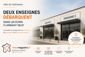 Illustration représentant l'ouverture de deux nouvelles enseignes près de Perpignan dans un nouvel espace commercial moderne, symbole du dynamisme économique local et de l'attractivité du territoire.