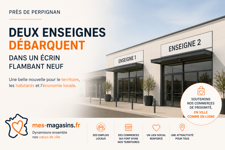 Illustration représentant l'ouverture de deux nouvelles enseignes près de Perpignan dans un nouvel espace commercial moderne, symbole du dynamisme économique local et de l'attractivité du territoire.
