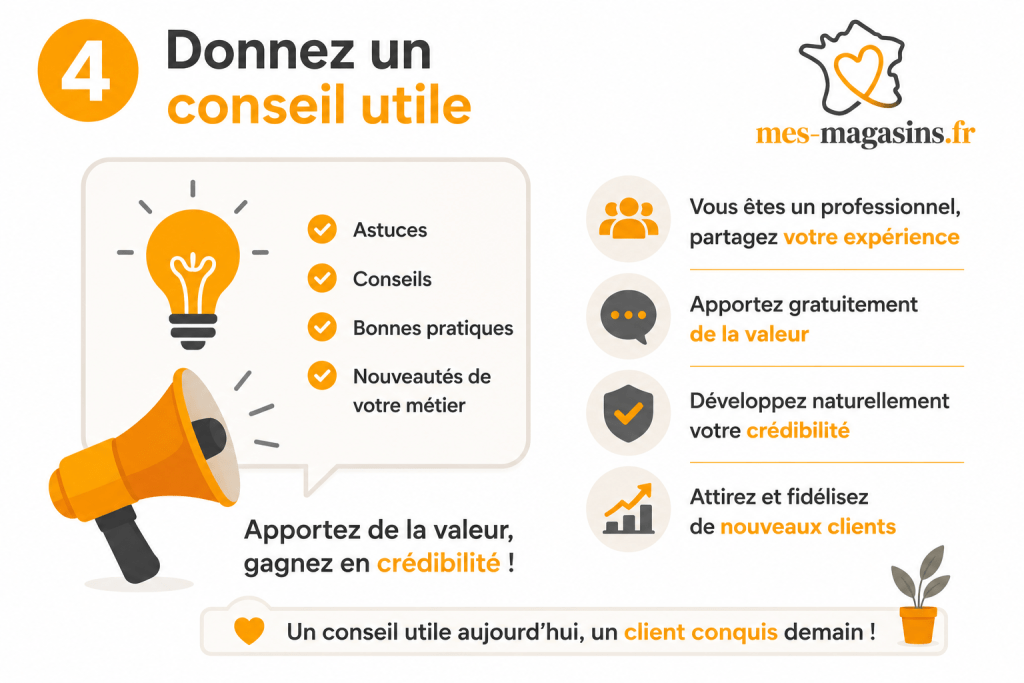Illustration représentant un commerçant partageant un conseil utile pour valoriser son expertise et développer sa visibilité grâce à l'association MES MAGASINS.