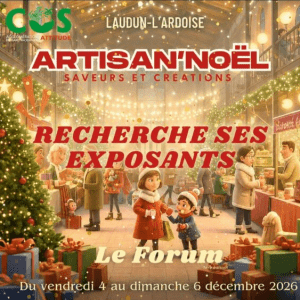 Affiche du marché Artisan'Noël 2026 à Laudun-l'Ardoise recherchant des artisans, créateurs et producteurs exposants dans le Gard rhodanien.