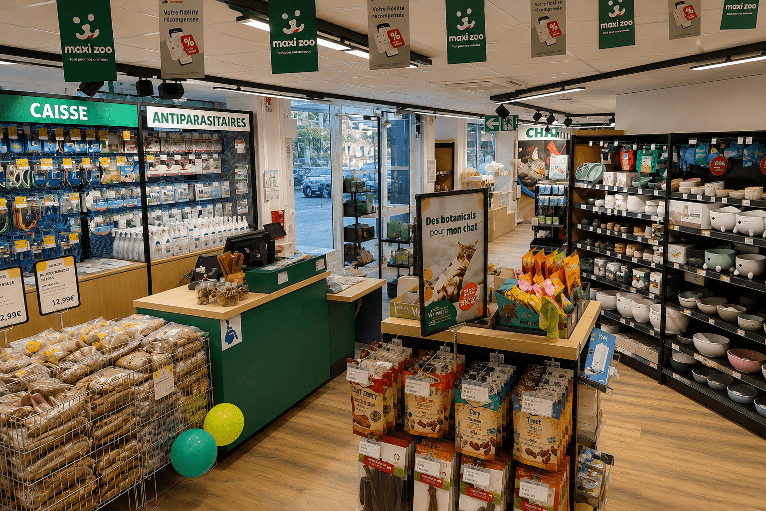 Intérieur du nouveau magasin Maxi Zoo à Lyon (Auvergne-Rhône-Alpes), proposant une large gamme de produits et d'accessoires pour les animaux de compagnie.