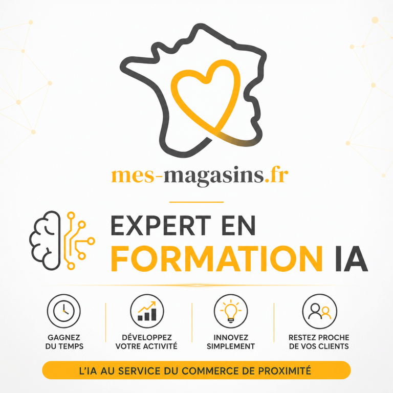 Affiche de l'Association MES MAGASINS présentant son expertise en formation à l'intelligence artificielle destinée aux commerçants, artisans, entrepreneurs et professions libérales.