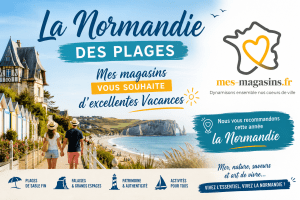 Affiche de Mes Magasins souhaitant d'excellentes vacances en Normandie avec les plages, les falaises d'Étretat, les cabines de plage, les stations balnéaires et les paysages emblématiques du littoral normand.
