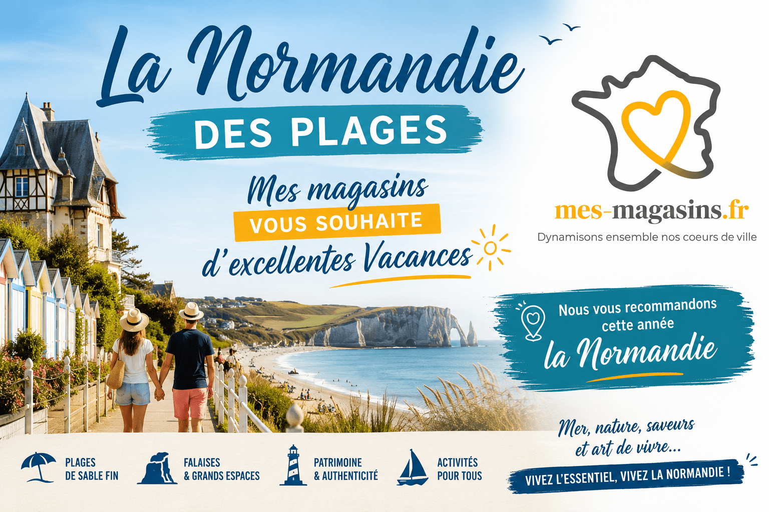 Affiche de Mes Magasins souhaitant d'excellentes vacances en Normandie avec les plages, les falaises d'Étretat, les cabines de plage, les stations balnéaires et les paysages emblématiques du littoral normand.