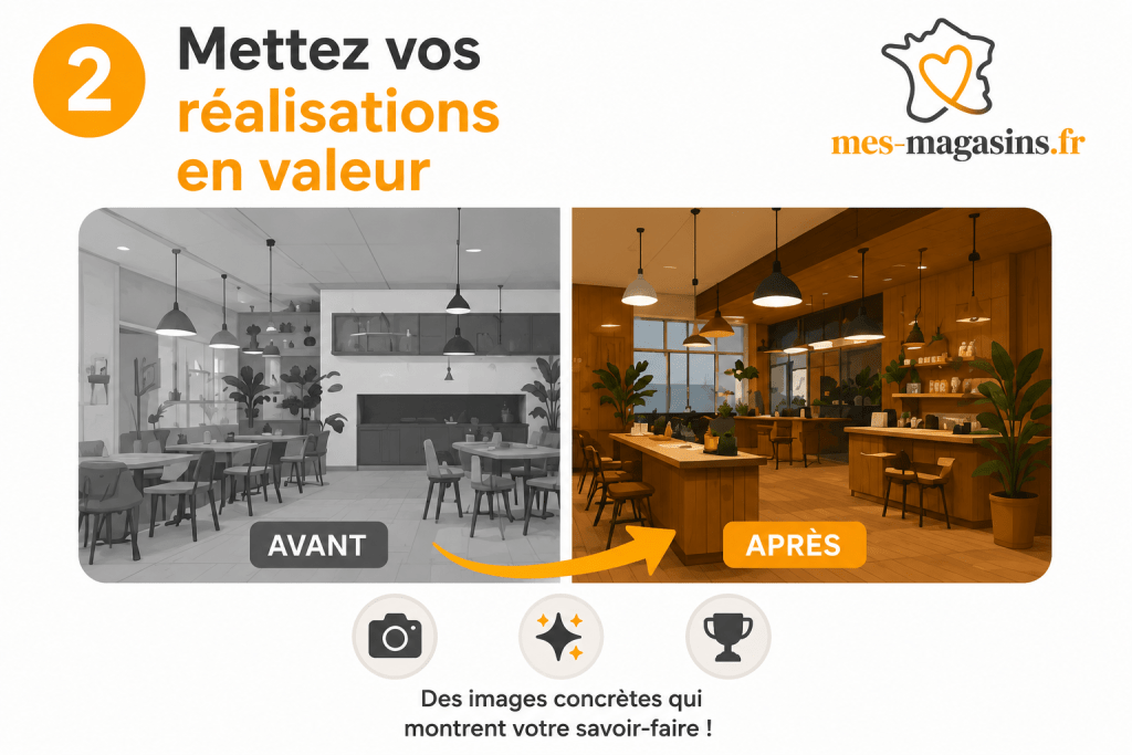 Illustration avant après mettant en valeur les réalisations d'un commerce de proximité – Conseil communication de l'association MES MAGASINS.