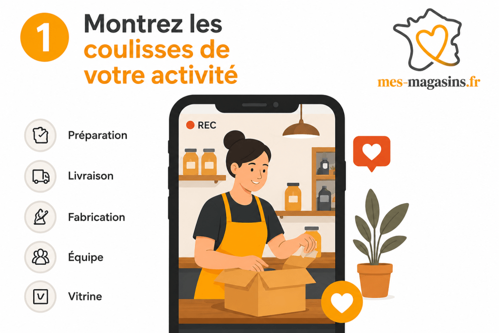 Illustration représentant les coulisses d'un commerce de proximité avec une commerçante préparant une commande – Conseil réseaux sociaux de l'association MES MAGASINS.