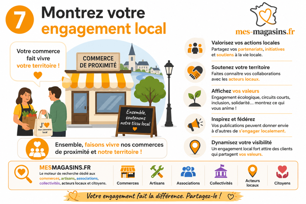 Illustration représentant un commerce de proximité engagé dans la vie locale et valorisant les acteurs de son territoire avec l'association MES MAGASINS.