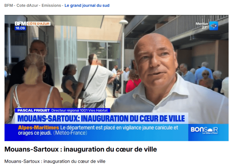 Inauguration du nouveau cœur de ville de Mouans-Sartoux dans les Alpes-Maritimes, un projet destiné à renforcer l'attractivité du centre-ville, les services aux habitants et le commerce de proximité.