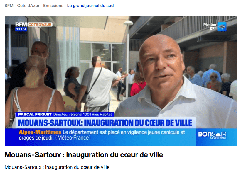 Inauguration du nouveau cœur de ville de Mouans-Sartoux dans les Alpes-Maritimes, un projet destiné à renforcer l'attractivité du centre-ville, les services aux habitants et le commerce de proximité.