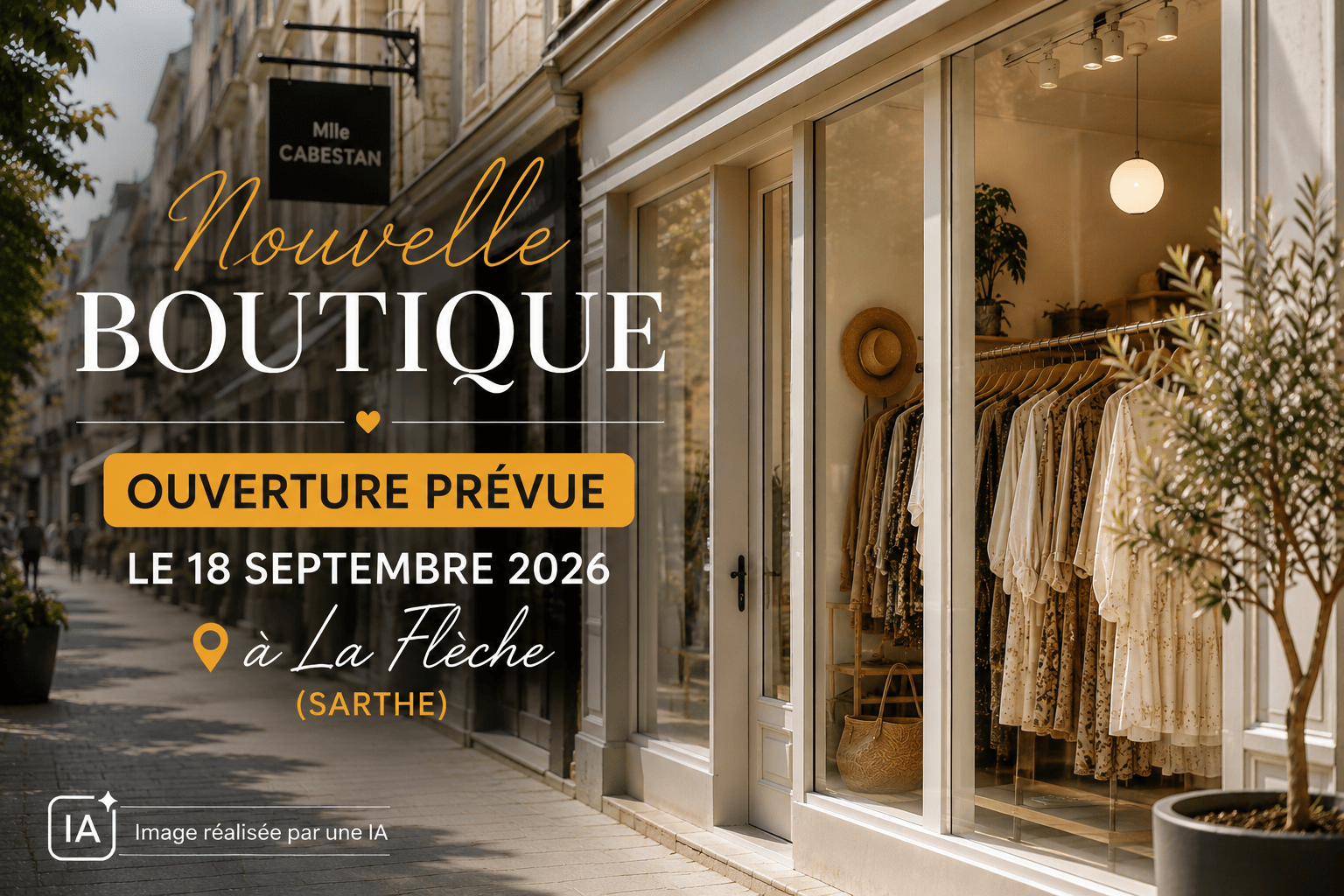 Ouverture d'une boutique de prêt-à-porter féminin dans le centre-ville de La Flèche en Sarthe - Image réalisée par une IA.