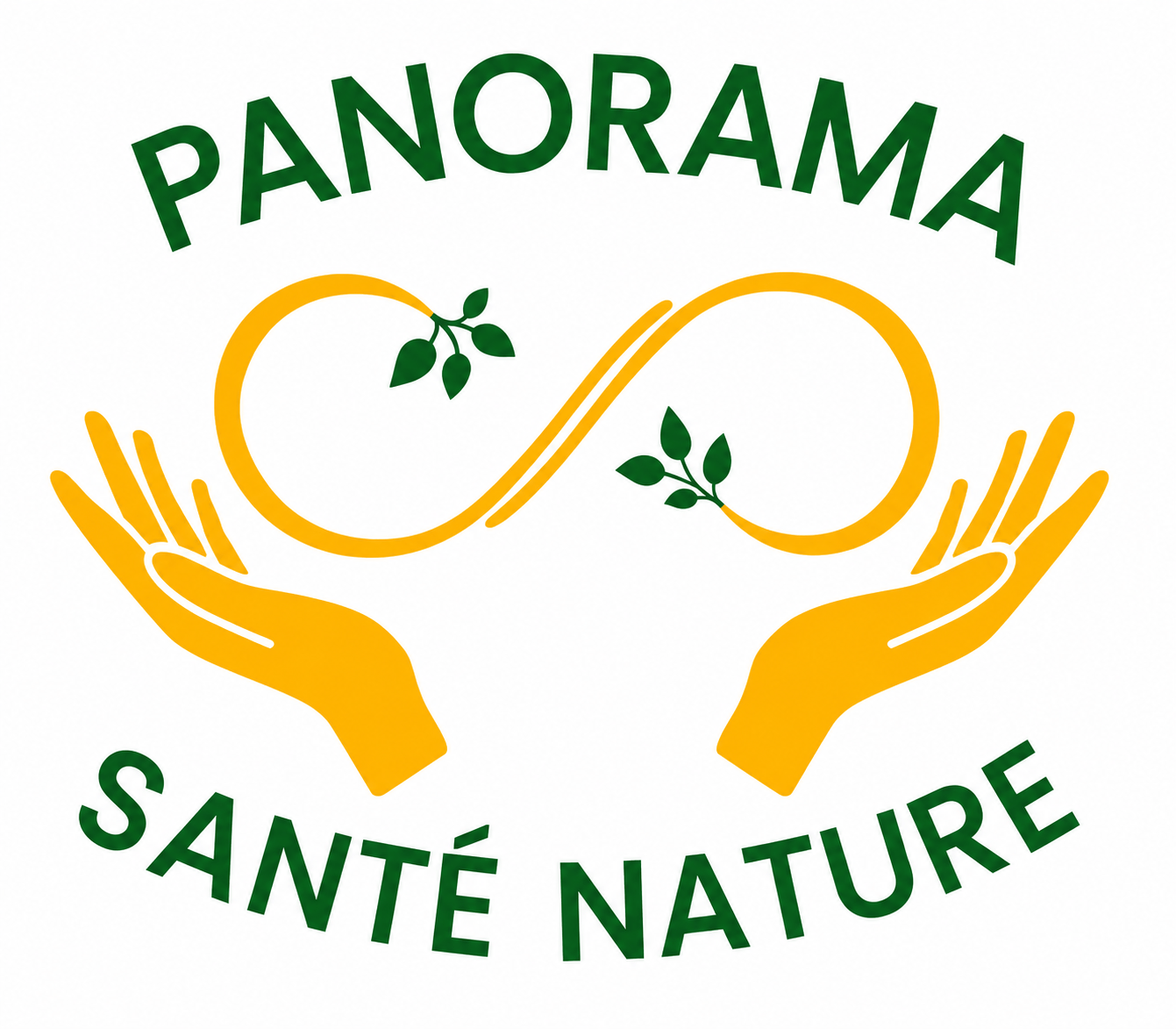 Logo officiel de PANORAMA SANTÉ NATURE représentant le symbole de l'infini entouré de feuilles, soutenu par deux mains, illustrant le bien-être, les médecines naturelles et la santé au naturel.