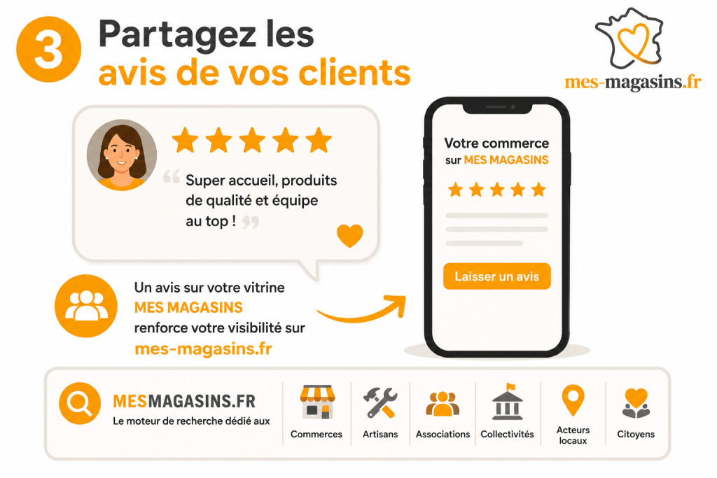 Illustration représentant les avis clients sur la vitrine MES MAGASINS afin d'améliorer la visibilité des commerces de proximité sur MESMAGASINS.FR.