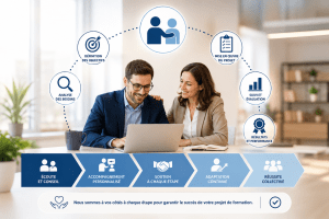 Illustration représentant l'accompagnement personnalisé de PEI Formation tout au long d'un projet de formation, de l'analyse des besoins jusqu'au suivi des résultats.