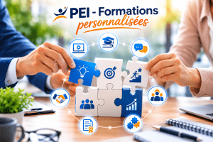 Illustration représentant des formations personnalisées en entreprise avec un accompagnement sur mesure, des parcours de formation adaptés, du coaching et du développement des compétences.