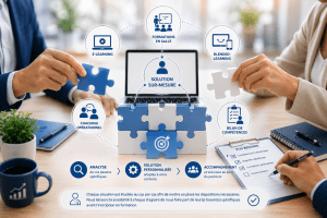 Illustration représentant les outils de formation professionnelle de PEI Formation : e-learning, blended learning, formations en salle, coaching opérationnel et bilan de compétences pour des solutions sur mesure.