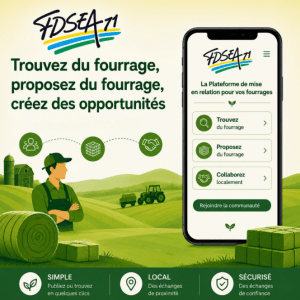 Illustration de la plateforme FDSEA71 permettant aux agriculteurs de trouver, proposer et échanger du fourrage en Saône-et-Loire grâce à une application dédiée.
