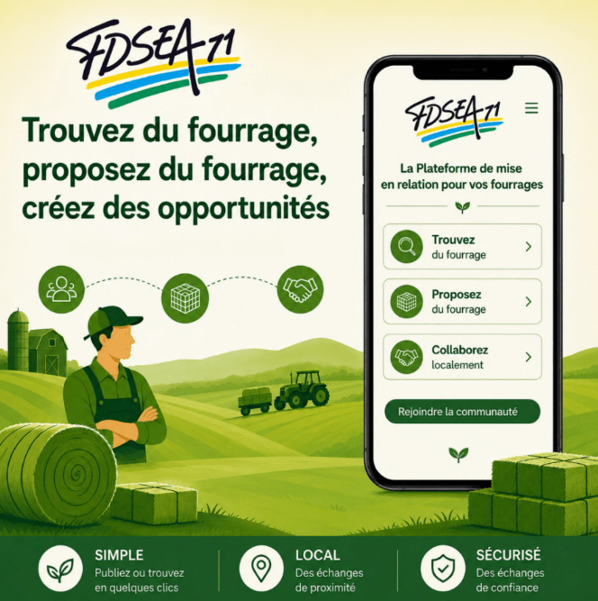 Illustration de la plateforme FDSEA71 permettant aux agriculteurs de trouver, proposer et échanger du fourrage en Saône-et-Loire grâce à une application dédiée.