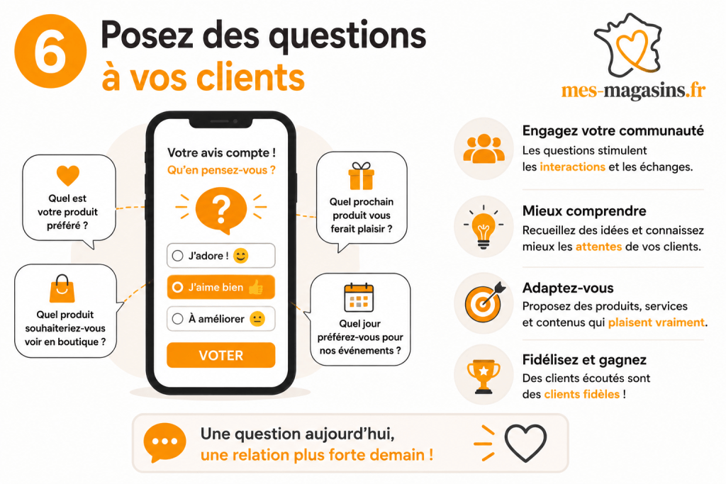 Illustration représentant un commerçant qui interagit avec ses clients en leur posant des questions sur les réseaux sociaux grâce à l'association MES MAGASINS.