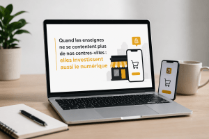 Illustration représentant la transformation numérique des enseignes qui développent leur présence en ligne tout en conservant leurs magasins physiques.