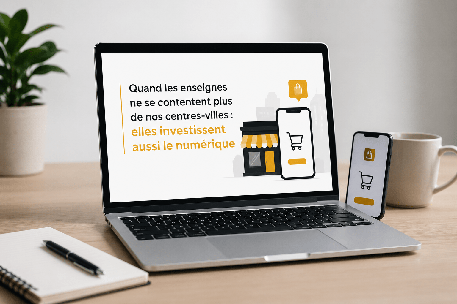 Illustration représentant la transformation numérique des enseignes qui développent leur présence en ligne tout en conservant leurs magasins physiques.