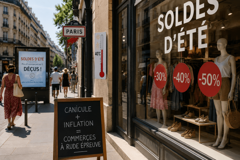 Vitrine d'un commerce parisien affichant les soldes d'été pendant une période de forte canicule, illustrant les difficultés rencontrées par les commerces de proximité face à la baisse de fréquentation et à l'inflation.