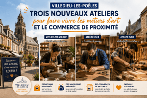 Illustration mettant en avant les trois nouveaux ateliers de métiers d'art à Villedieu-les-Poêles et leur contribution au dynamisme du commerce de proximité.