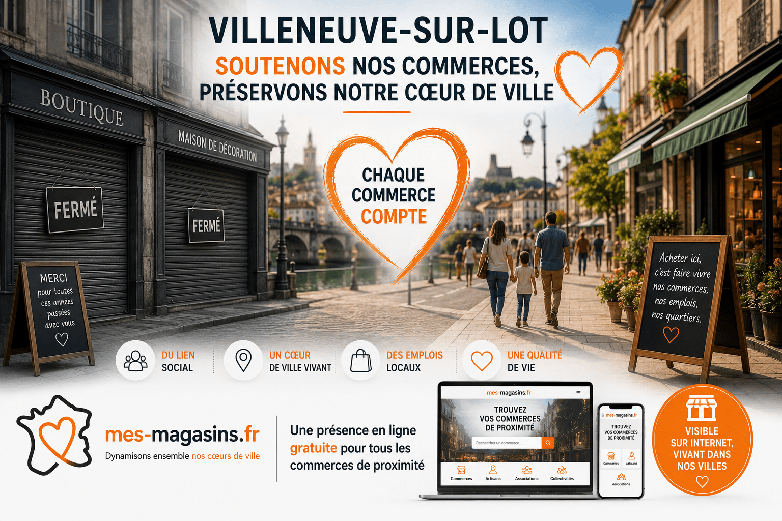 Illustration représentant des commerces fermés et des commerces de proximité animés à Villeneuve-sur-Lot, soulignant les défis des centres-villes et l'importance de soutenir les commerçants indépendants et leur visibilité sur Internet.